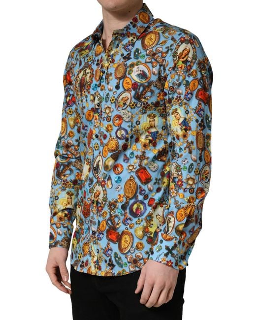 Dolce & Gabbana Blue Cotton Jewel Print Button Down Gold Shirt for men