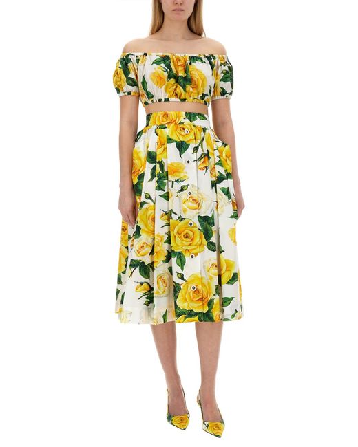 Dolce & Gabbana Yellow Pleated Floral-print Cotton-poplin Midi Skirt
