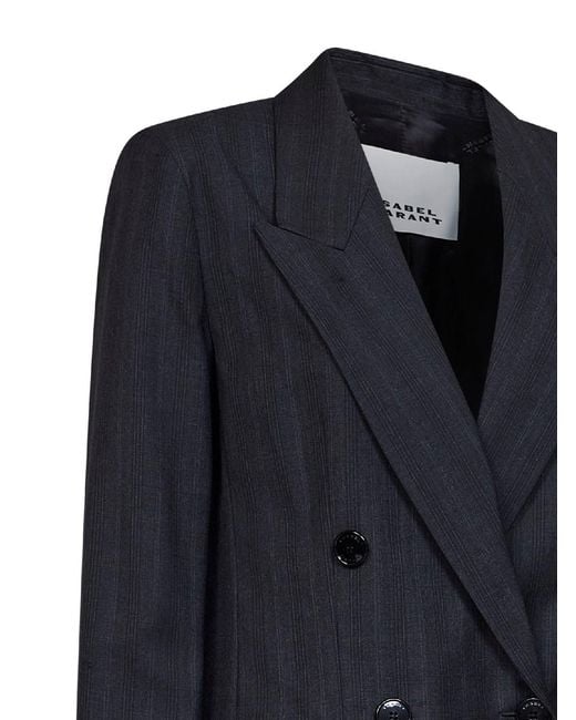 Isabel Marant Blue Dark Anthracite Check Stretch Wool Jevima Double-Breasted Blazer