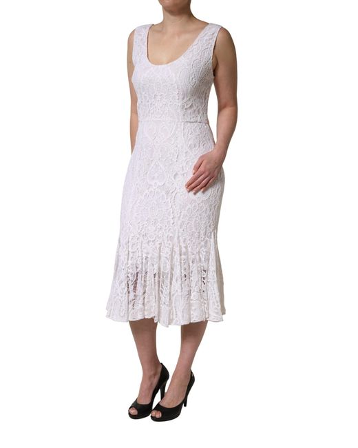 Dolce & Gabbana Blue Floral Lace Sleeveless Midi Dress Viscose Nylon