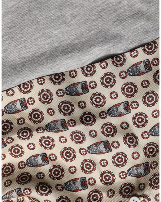 Dolce & Gabbana Gray Cotton V-Neck Owl Silk Scarf Top T-Shirt