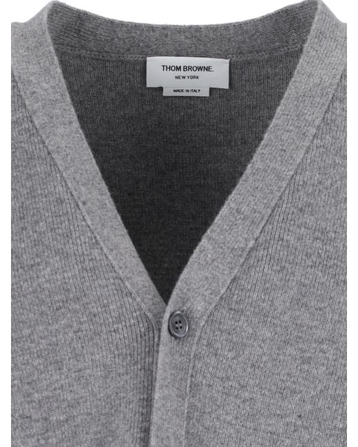 Thom Browne Gray Cardigan With V-Neckline And Signature Stripes for men