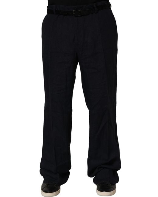 Dolce & Gabbana Blue Linen Straight Leg Dress Trouser Pants for men