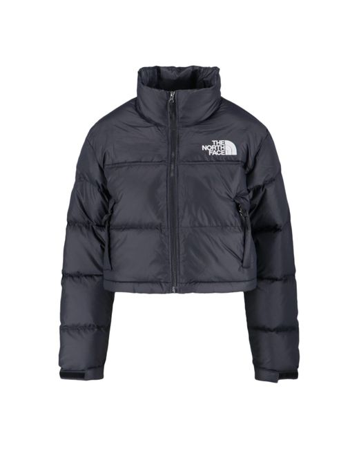 The North Face Blue Short Down Jacket With Detachable Hood And Embroidered Logos