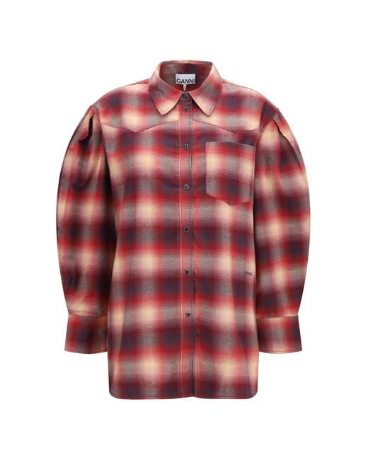Ganni Red Cotton Flannel Check Shirt