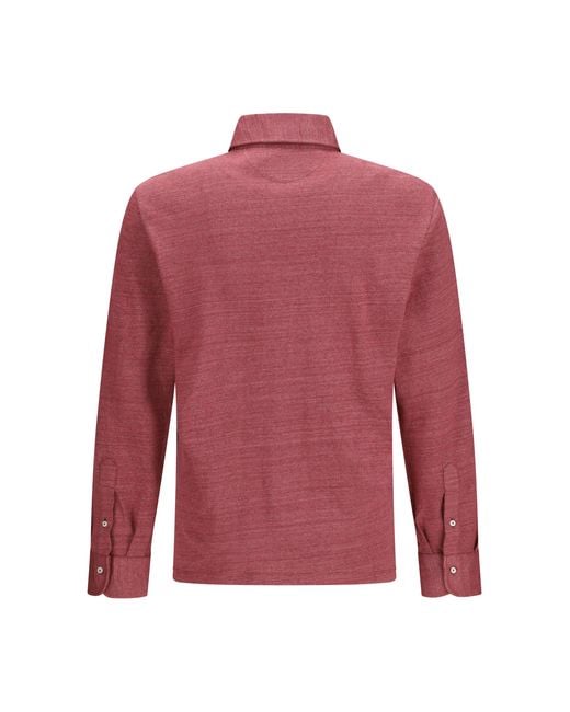 Brunello Cucinelli Red Long-Sleeve Polo Mélange Linen And Cotton Jersey Linen; Shirts for men