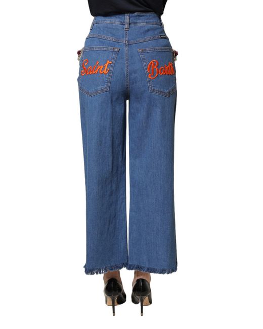 Dolce & Gabbana Blue Embellished Wide Cropped Denim Jeans Cotton Elastane Clothing