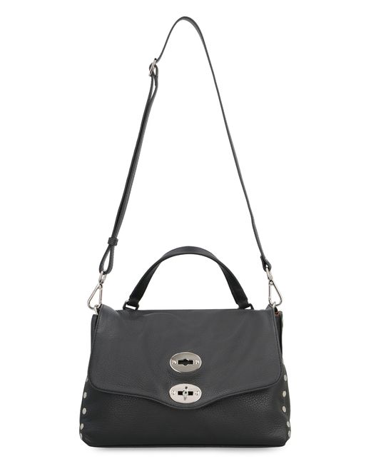 Zanellato Black Grained Leather Handbag With Decorative Studs And Removable Shoulder Strap