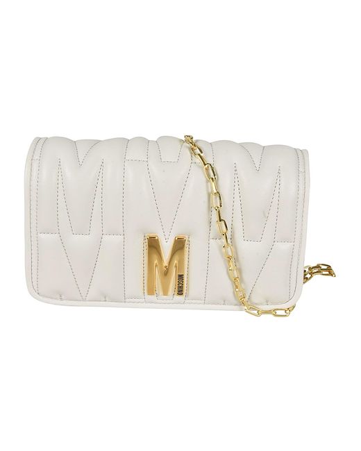 Moschino White M Plaque Quilted Flap Chain Shoulder Bag