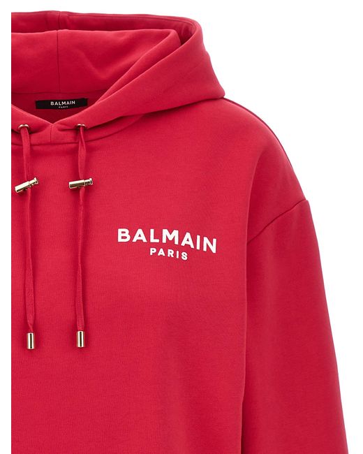 Balmain Red Flocked Logo Cropped Hoodie Sweatshirt