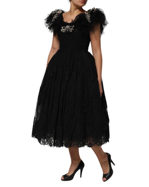 Dolce & Gabbana Black Crystal Embellished Midi A-Line Dress Acetate