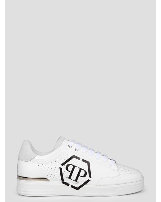 Philipp Plein White Hexagon Lo-Top Leather Sneakers for men