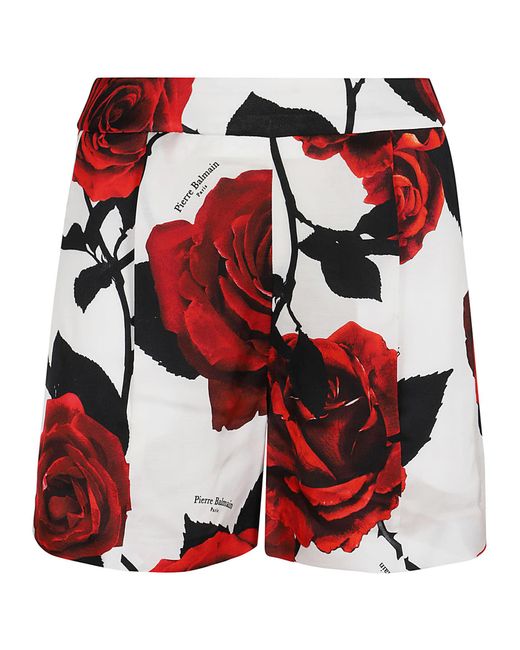 Balmain Hw Red Roses Print Satin Shorts