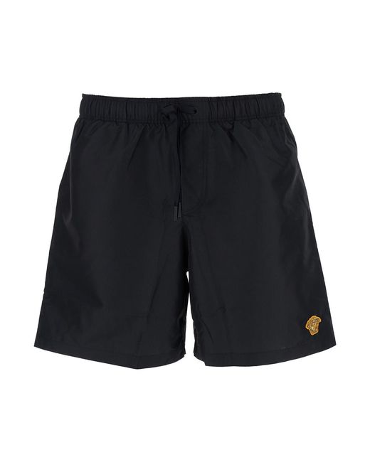 Versace Black Swim Shorts With Elastic Drawstring Waist And Medusa Embroidery On The Front for men