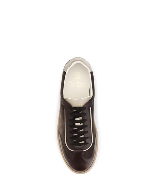 Brunello Cucinelli Brown Leather Sneakers With Suede Details for men