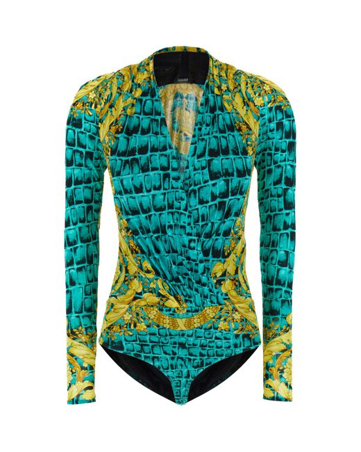 Versace Blue Printed Viscose Bodysuit