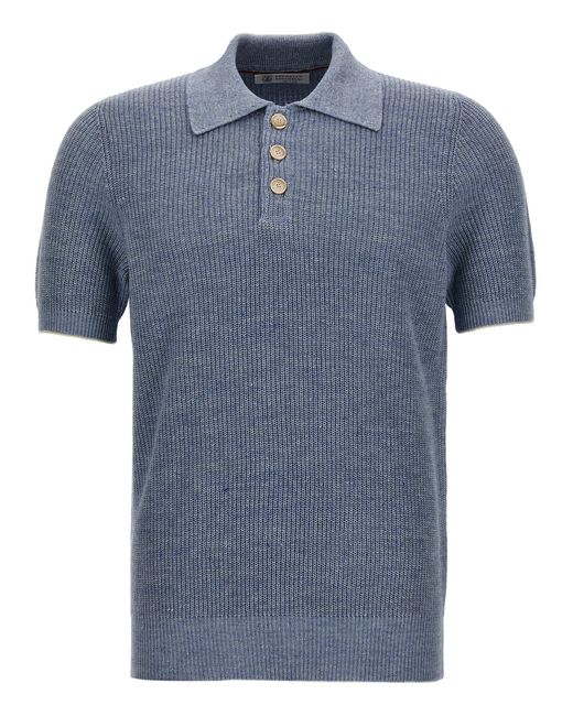 Brunello Cucinelli Linen Knit Polo Shirt in Blue for Men | Lyst
