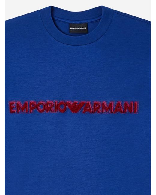 Emporio Armani Blue T-Shirt With Embroidered Logo Lyocell T-Shirts for men