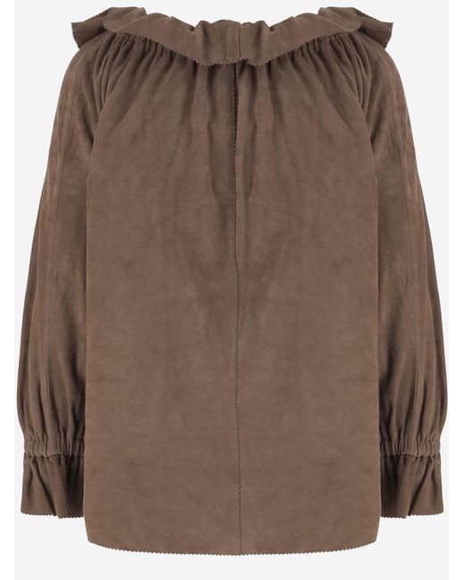 By Malene Birger Brown Suede Blouse With Ruffled Neckline Goat Leather Shirt
