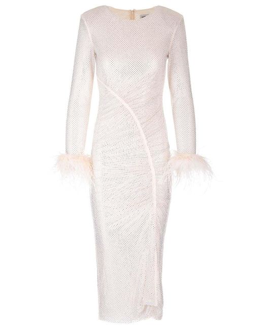 Self-Portrait White Rhinestone Feather Midi Dress