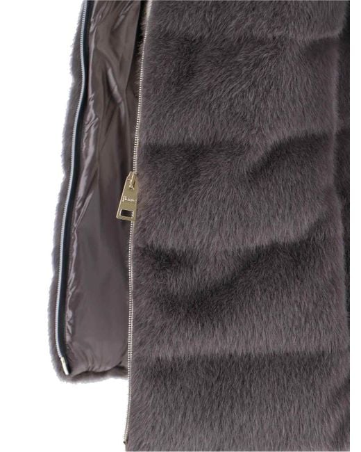 Herno Gray Quilted High-Collar Faux Fur Coat