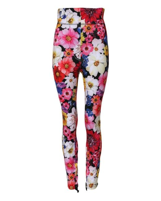 Dolce & Gabbana Red Floral High Waist Leggings Pants