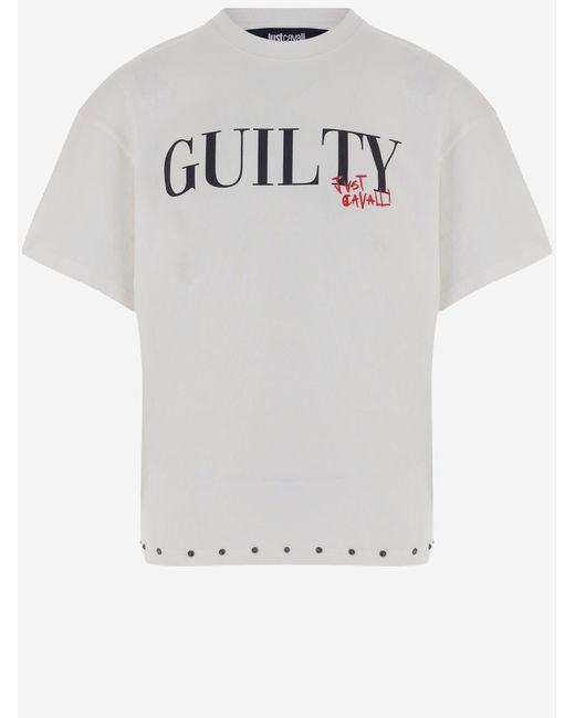 Just Cavalli Gray Cotton T-Shirt With Bold Logo Print And Studded Hem for men