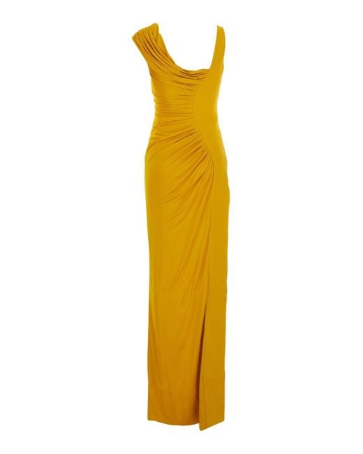 Versace Yellow Sleeveless Long Dress With Medusa Plaque On The Front Draping