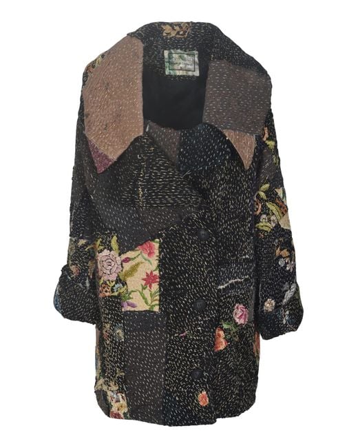 By Walid Black Floral Patch Embroidered Coat