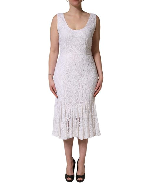 Dolce & Gabbana Blue Floral Lace Sleeveless Midi Dress Viscose Nylon