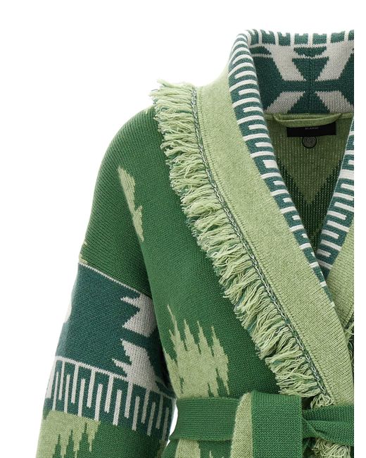 Alanui Green Icon Belted Fringed Jacquard-knit Cashmere Cardigan