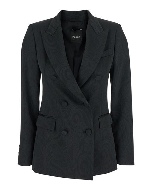 Le Plain Black Double-Breasted Jacket With Damask Effect