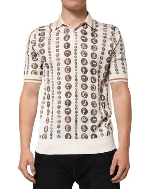 Dolce & Gabbana White Silk Ivory Coin Print Logo Polo T-Shirt for men