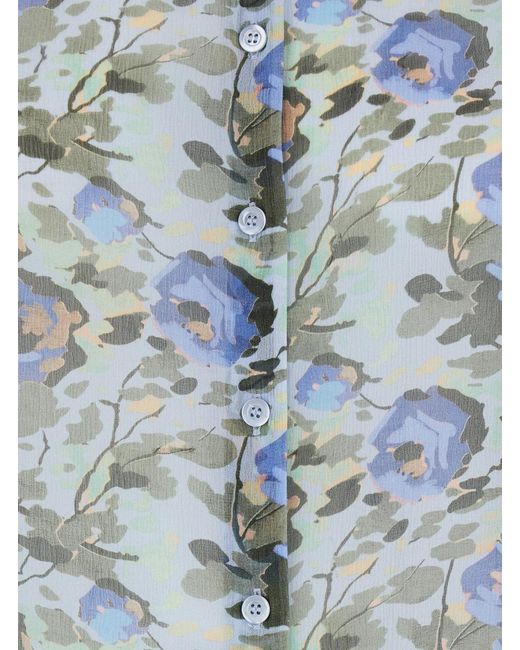Semicouture Blue Round Neck Blouse With Ruffles And All-Over Floral Print