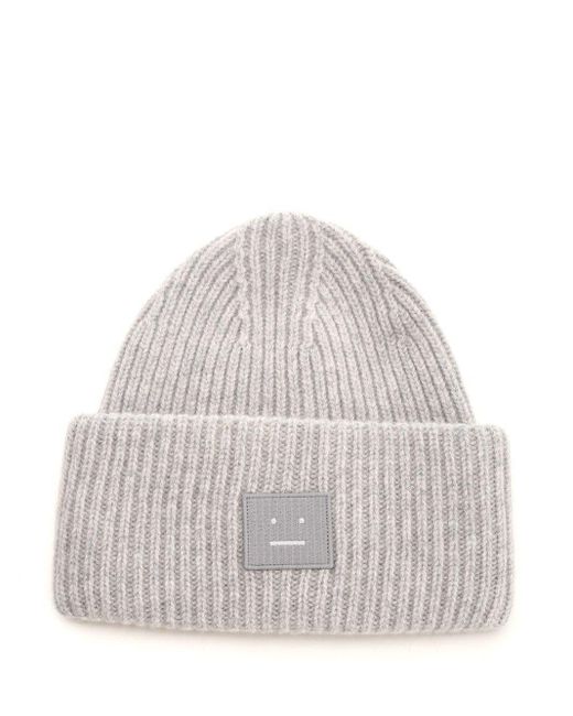 Acne White Face Logo Patch Ribbed Beanie