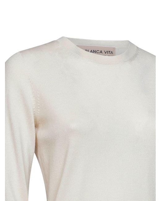 Blanca Vita White Lightweight Virgin Wool Crewneck Sweater