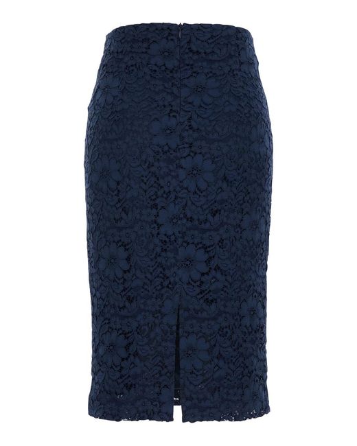 Le Plain Blue Midi Skirt With Lace Design And Back Vent