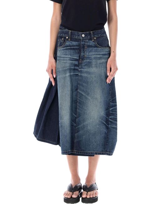 Junya Watanabe Blue Asymmetric Paneled Pleated Denim Midi Skirt