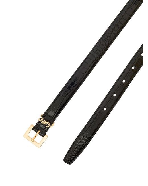Saint Laurent White Leather Belt Cassandre Crocodile-Embossed
