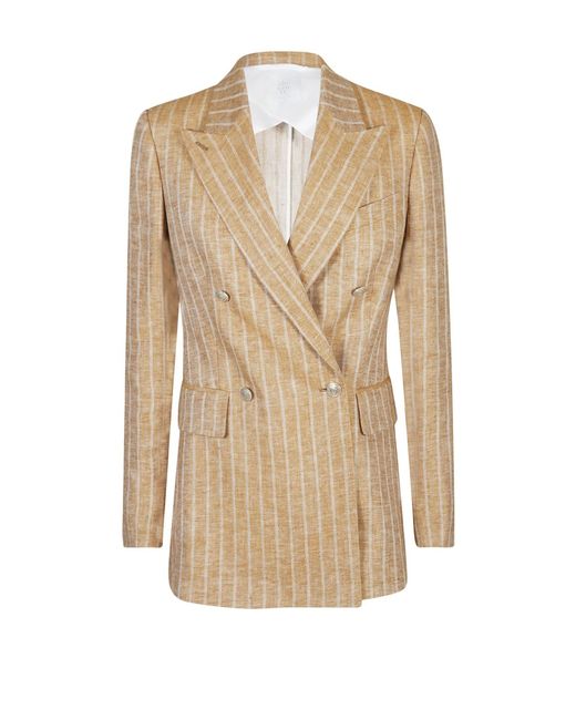 Eleventy Natural Double-Breasted Striped Linen Jacket