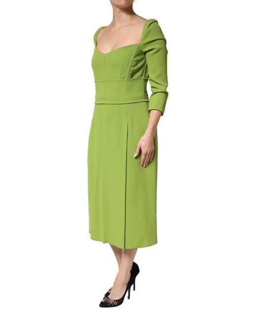 Dolce & Gabbana Green Silk Sweetheart Neckline Midi Dress Viscose