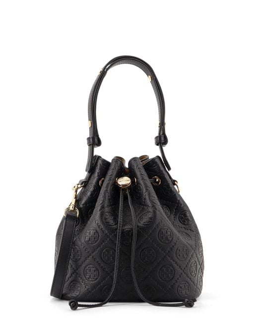 Tory Burch Black T Monogram Pebble Leather Bucket Bag