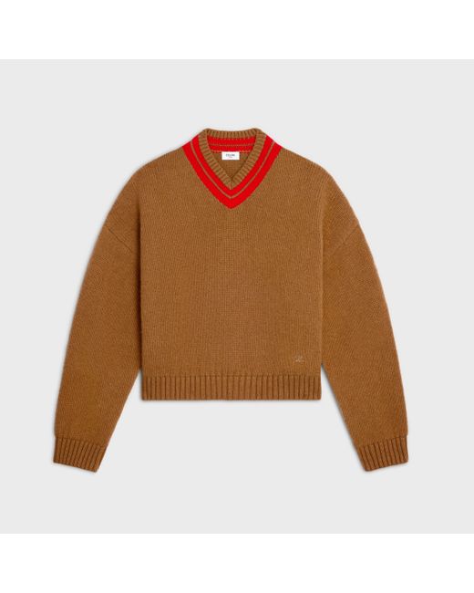 Céline Brown Pull Col V En Cachemire Camel