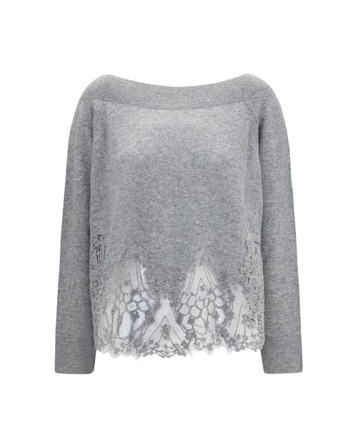 Ermanno Scervino Gray Boat Neck Lace Sweater Kashmir/Capra Hircus