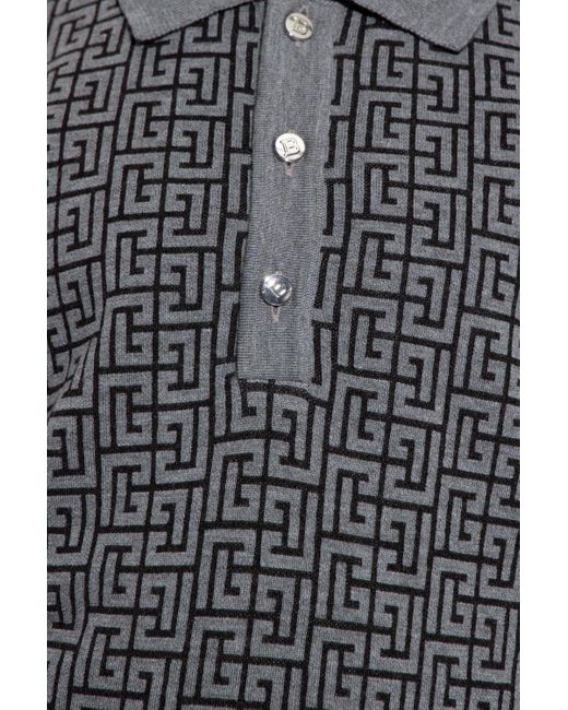 Balmain Gray Monogram Jacquard Knitted Polo Shirt for men