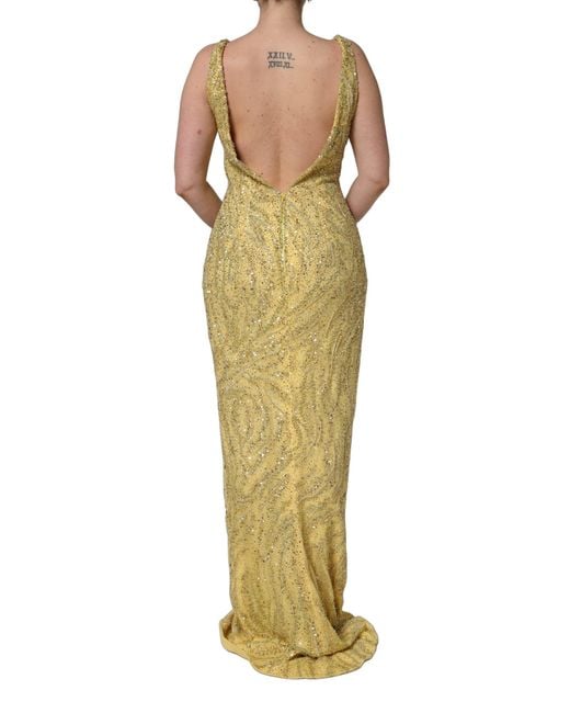 Dolce & Gabbana Yellow V-Neckline Mermaid Sequinned Gown Dress