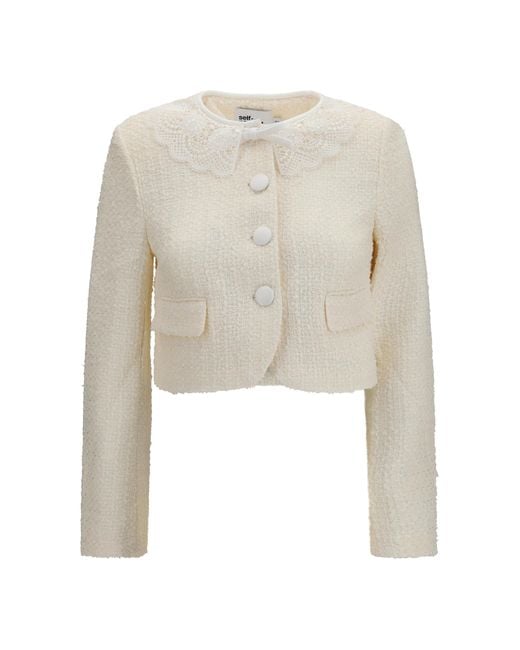 Self-Portrait Natural Bouclé Jacket Lace Collar Polyester