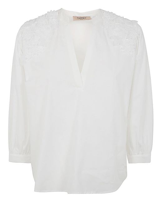 Twin Set White Blouse With Embroidered Flowers