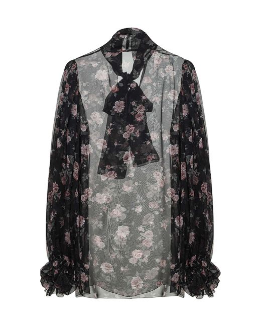 Dolce & Gabbana Black Chiffon Top Vintage Rose Print Silk Dress