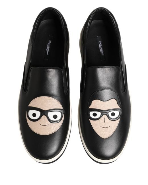 Dolce & Gabbana Black Leather Signature Figures Sneakers Shoes for men